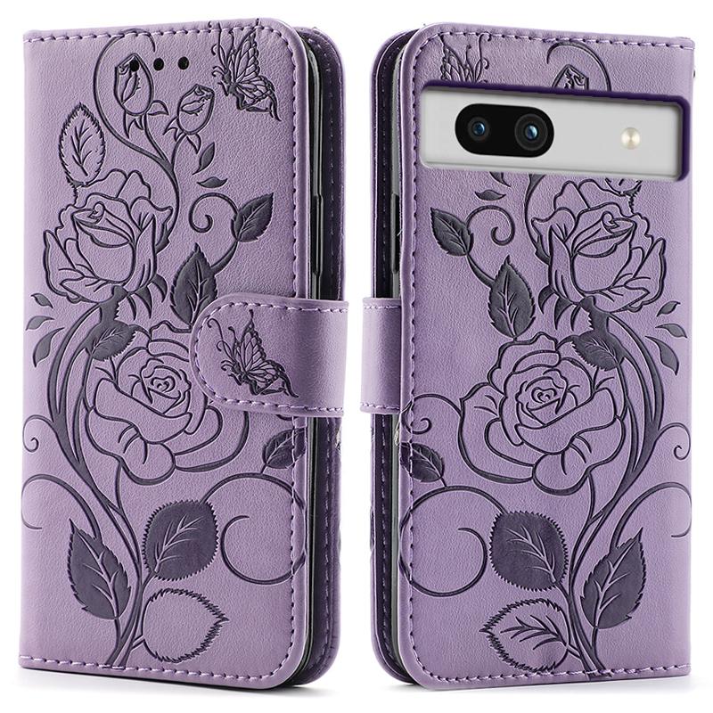 For Google Pixel 7a Case Wallet Stand Imprinted Rose Butterfly PU Leather Phone Cover