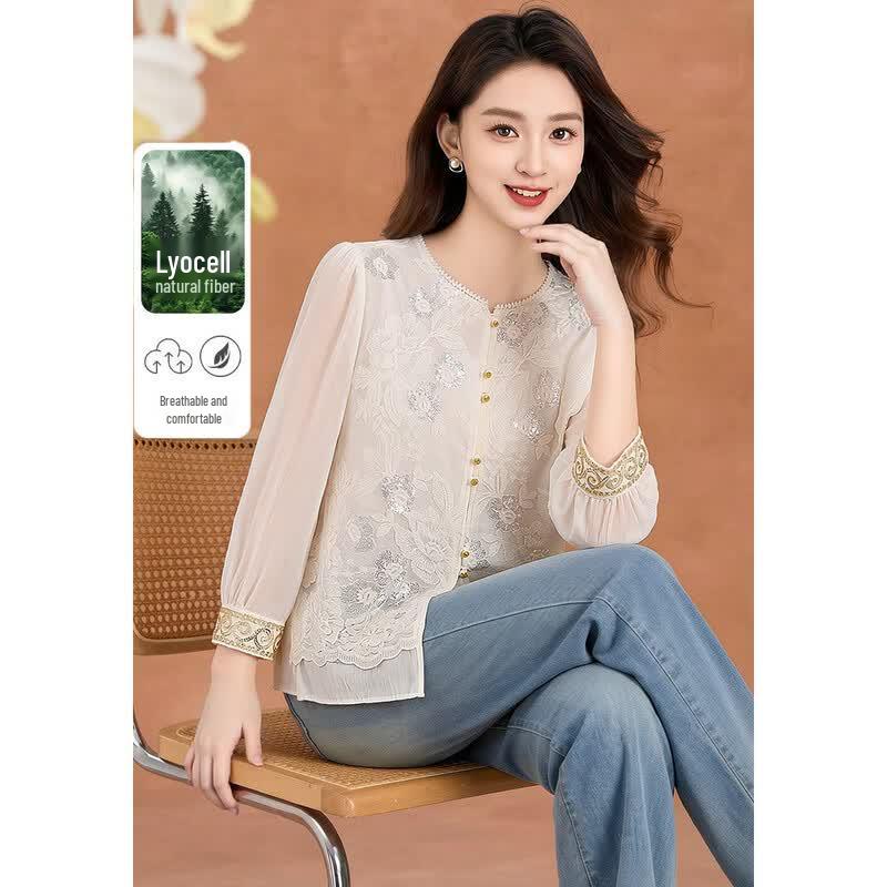 Women s New Chinese Style Jacquard Lyocell Blouse M