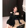 Neck Purple Long-sleeved Dress Women's Autumn and Winter Pure Desire Sexy Hip-wrapped Mom Skirt One-word Shoulder Celebrity Inner Skirt