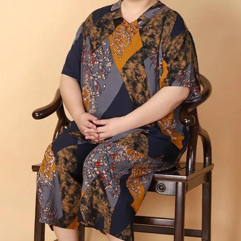 

2 шт. Женский костюм плюс размер 2XL - 8XL Летние свободные удобные верхние эластичные брюки Тонкий принт из двух частей