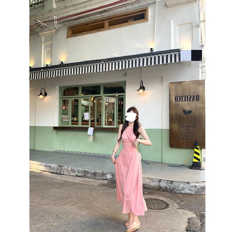 French neck sleeveless pink suspender dress women's summer new seaside vacation beach dress backless long skirt
