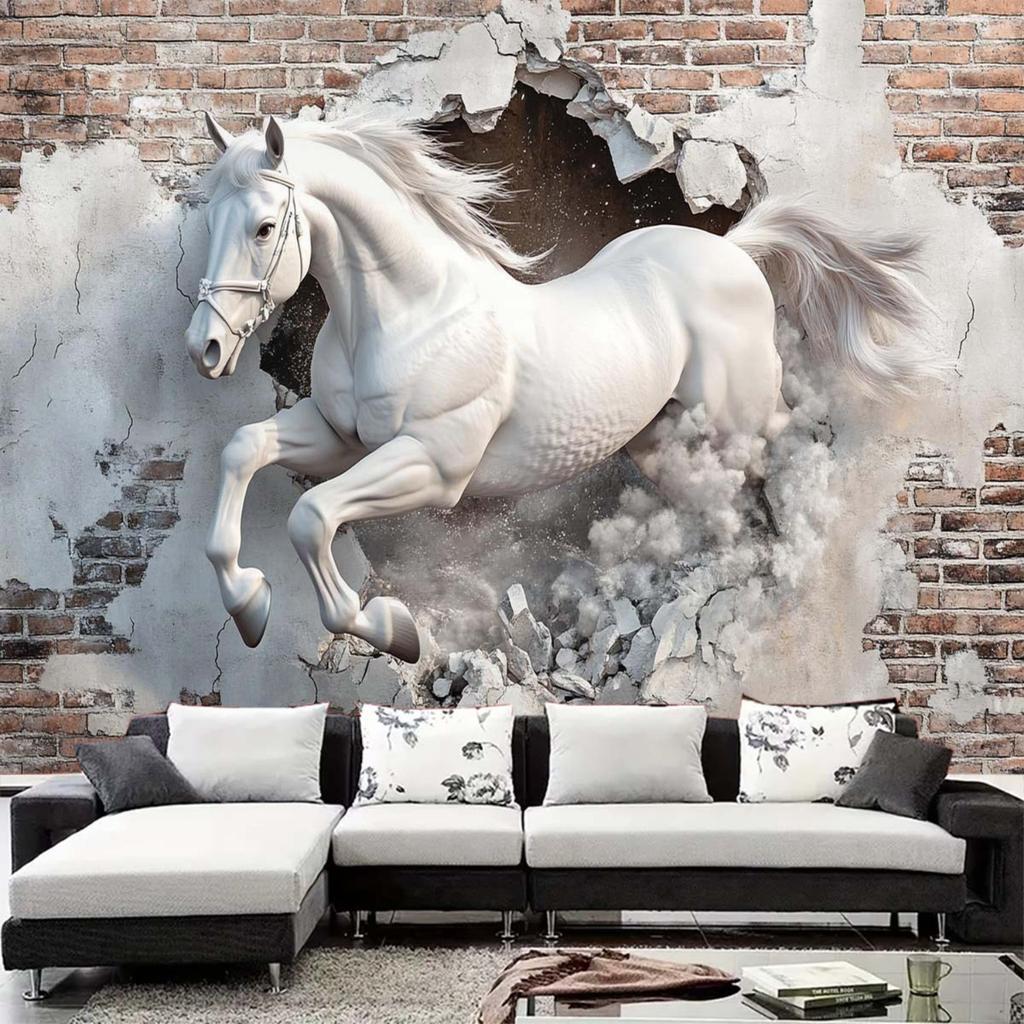 White Horse Breaking Through Wall Tapestry - 3D Art Design, Perfect Gift for Home and Dormitory, Unique Wall Decorations