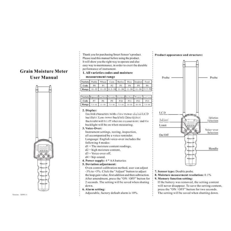 Digital Multifunctional LCD Grain Moisture Meter Water Content Analyzer for Smart Sensor Use Probe Humidity Tester for W