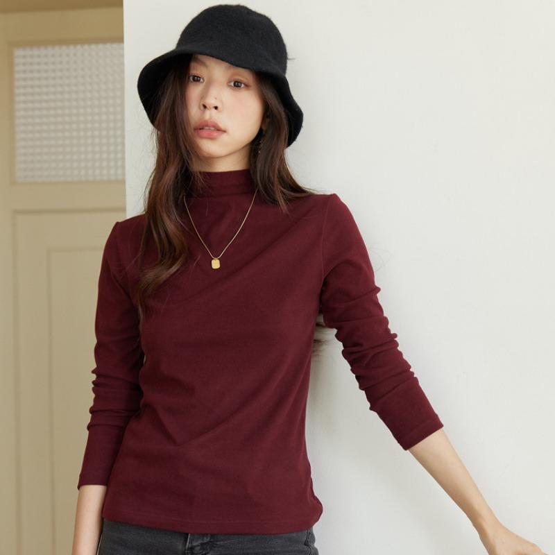 Autumn and Winter Women's Solid Color Semi-high Collar Double-sided Sanding Warm Base Shirt High Elastic Inner Slim Look All-match Base Shirt