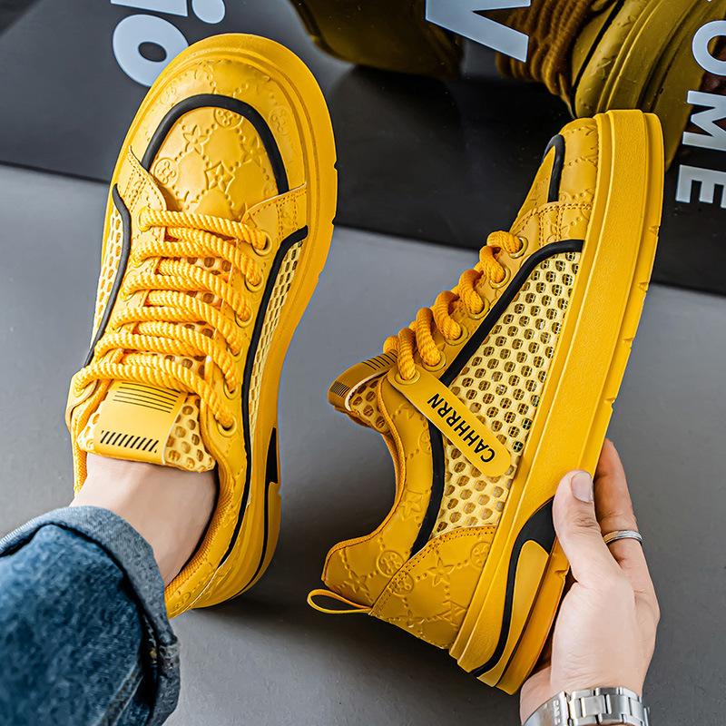 

Лето 2025 новая мужская обувь дышащая шнуровка повседневная обувь молодежная легкая нескользящая сетка fly-knit спортивная обувь для скейтборда 44 жёлтый