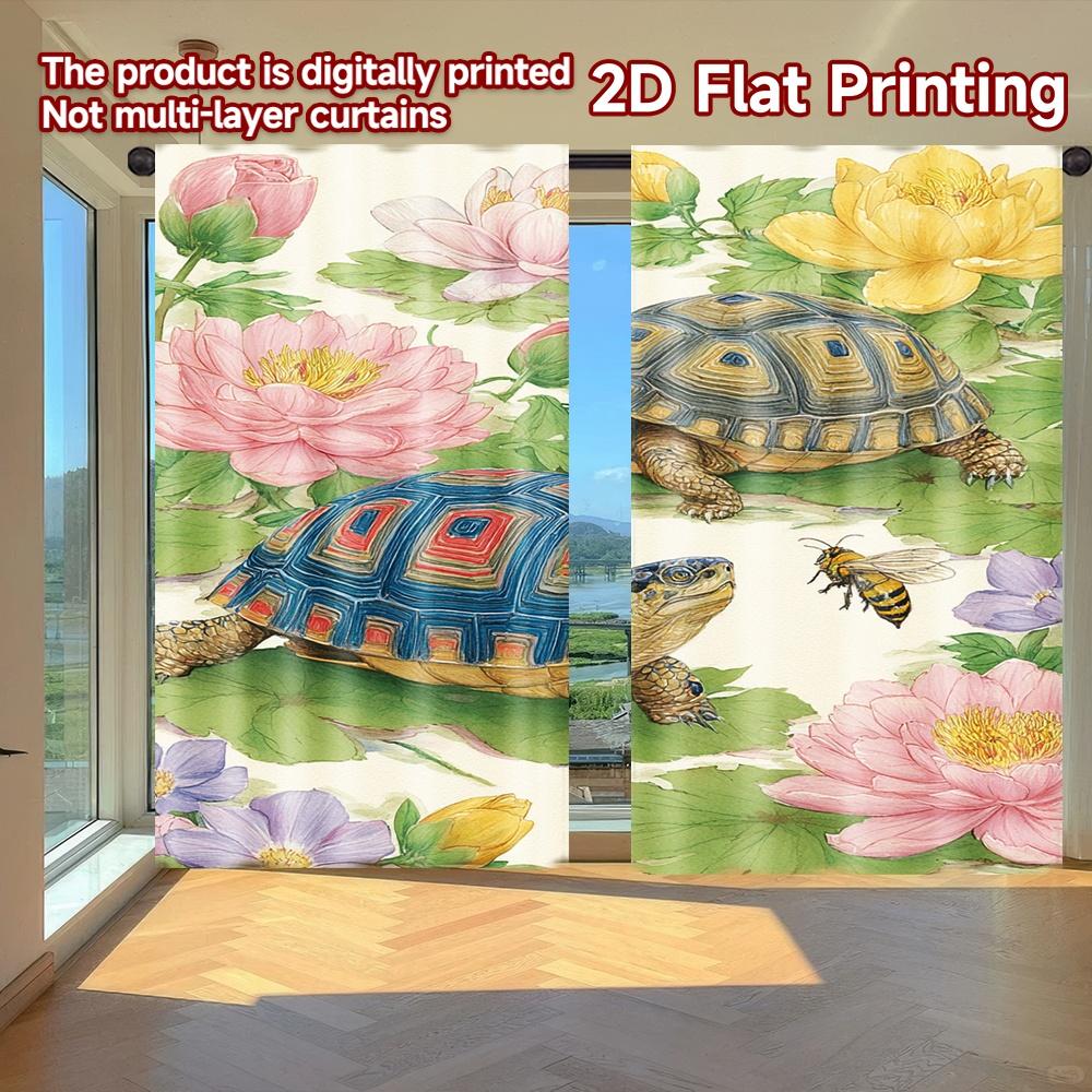 

2D FLAT PRINTING 2pcs Curtains (Without Rod) Floral Turtles and Bees Design Women is Day Festival Fashion Curtains Polyester 100*130 HOOK 1pcs