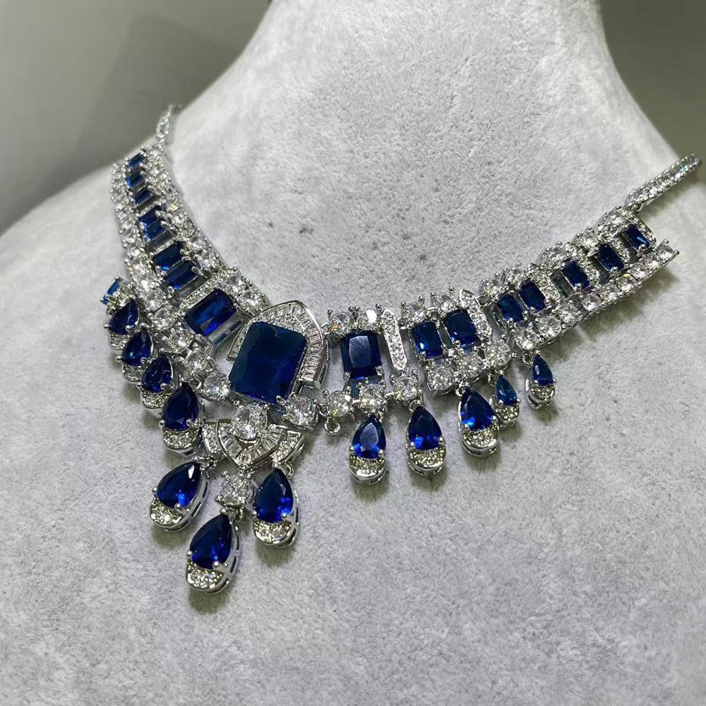 Royal Blue Sapphire Necklace Wedding Party Pink Diamond Set Light Luxury Yellow Diamond Jewelry for Women