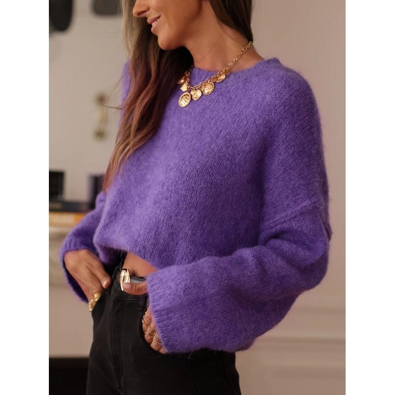 Vintage Purple Loose Knit Sweater Round Neck Drop Shoulder Oversized Sleeve Lazy Style Top Women Fall Winter