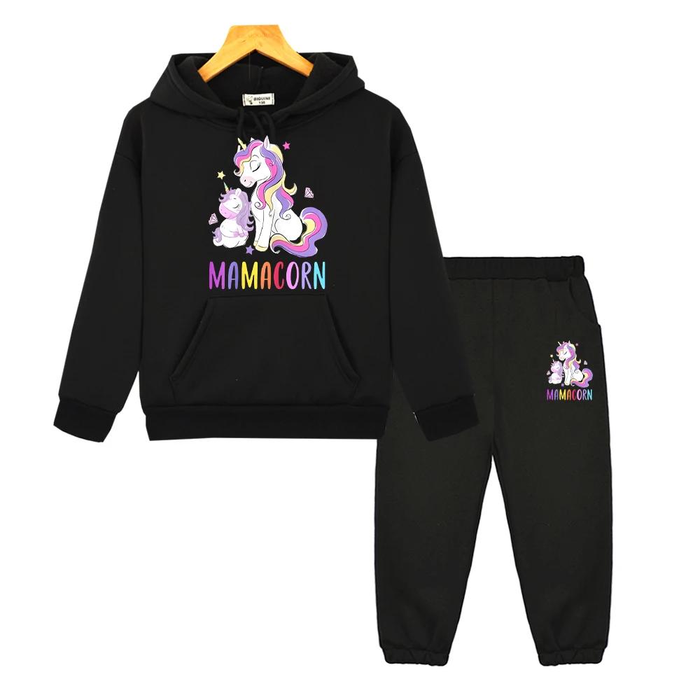 Unicorn Print Boys Girls Hooded Sets Kawaii Anime Hoodie Autumn Sweatshirt Fleece Pullover Cartoon 2PCS Jacket+Pants Kids Boutique Clothes