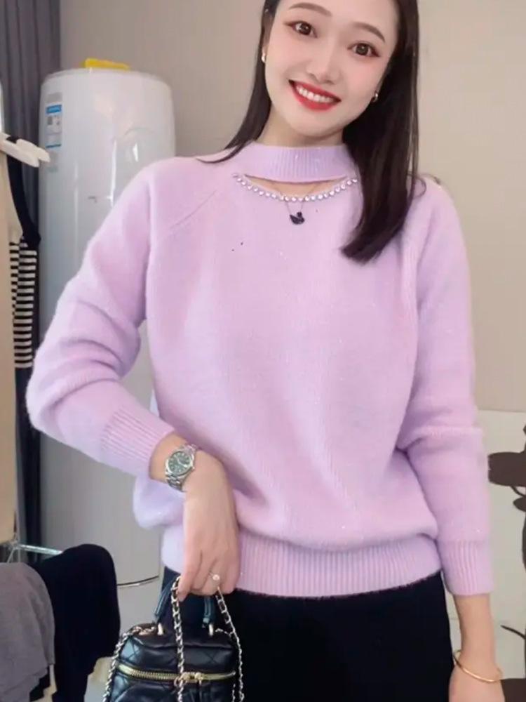 

2024 Autumn/Winter French Beaded Hollow-Out Knit Sweater - Round Neck Lazy Style L фіолетовий