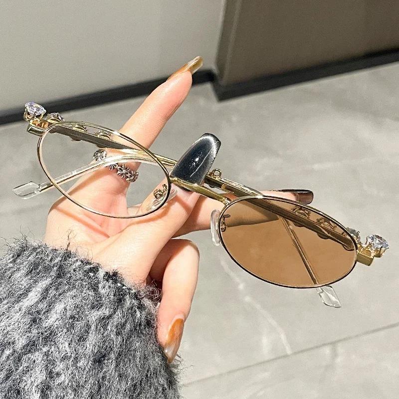 Trend High-end Small Frame Photochromic Eyeglasses New Diamond Inlaid Oval Myopia Glasses Anti Blue Light Near Sight Glasses