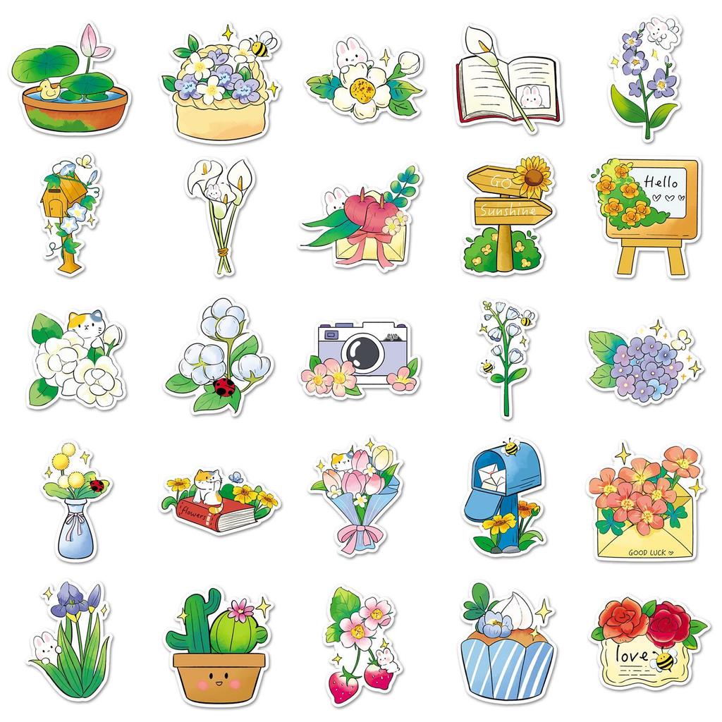 50 Sheets Hand-Painted Floral Story Stickers: Waterproof Decorative for Notebooks & Luggage