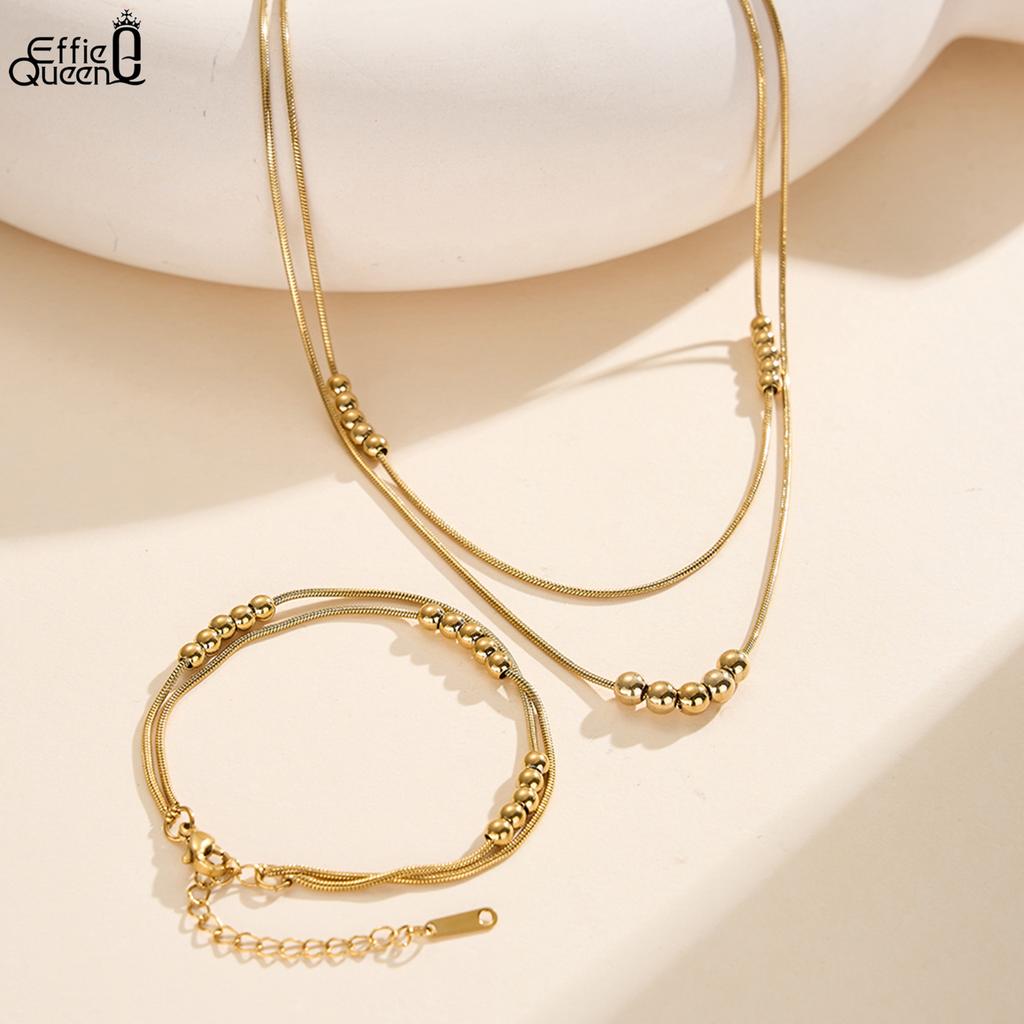 EFFIE QUEEN Stainless Steel 18k Gold Beads Ball Strand Chain Choker Necklace Banquet Jewelry for Women, Men Party Gift STCC04