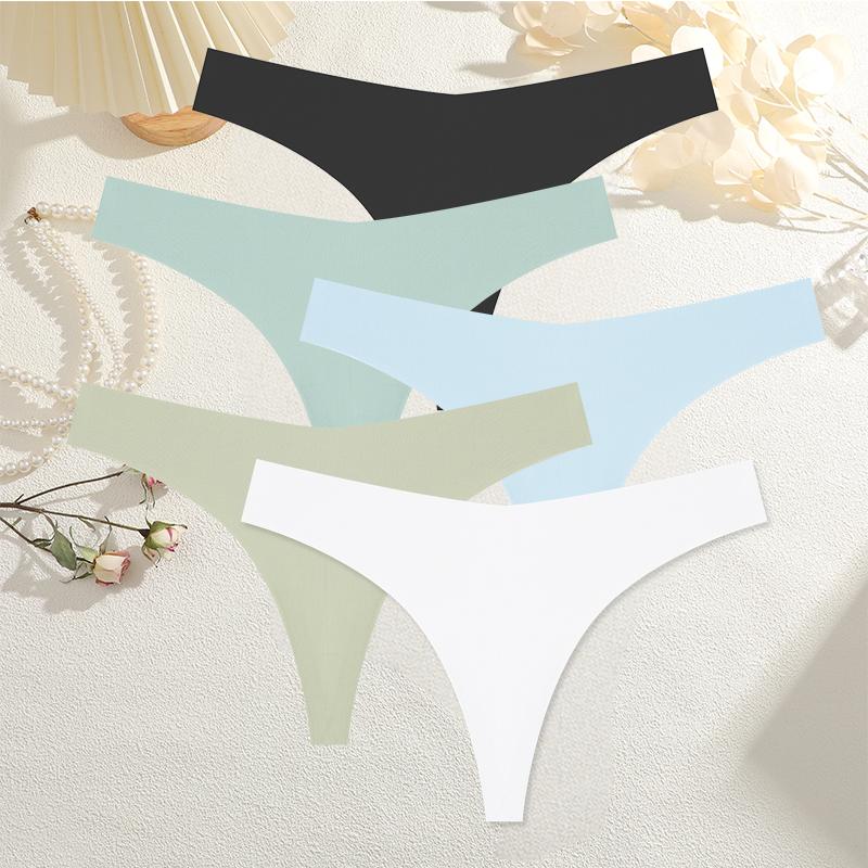 5PCS Women Ice Silk Seamless Underpants Panties Sexy V-Waist Sport Thongs Low Rise 10 Soild Colours Breathable G-string