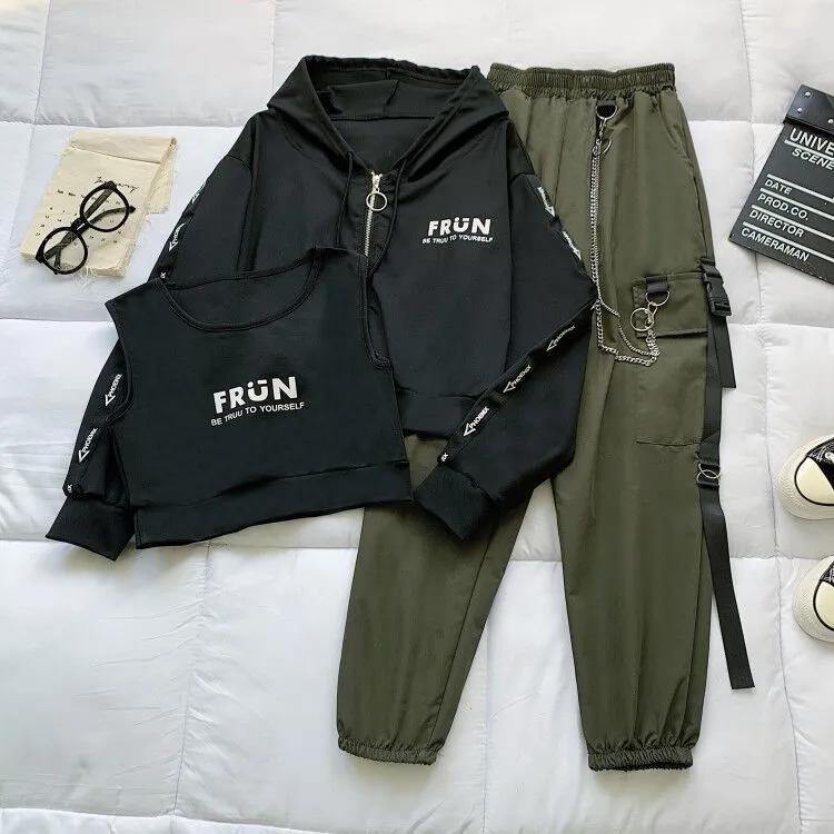 Pantalones Cargo Traje de Mujer Cárdigan Deportivo Suelto con Capucha + Chaleco + Pantalón Conjunto de Tres Piezas con Estampado de Letras en Cadena