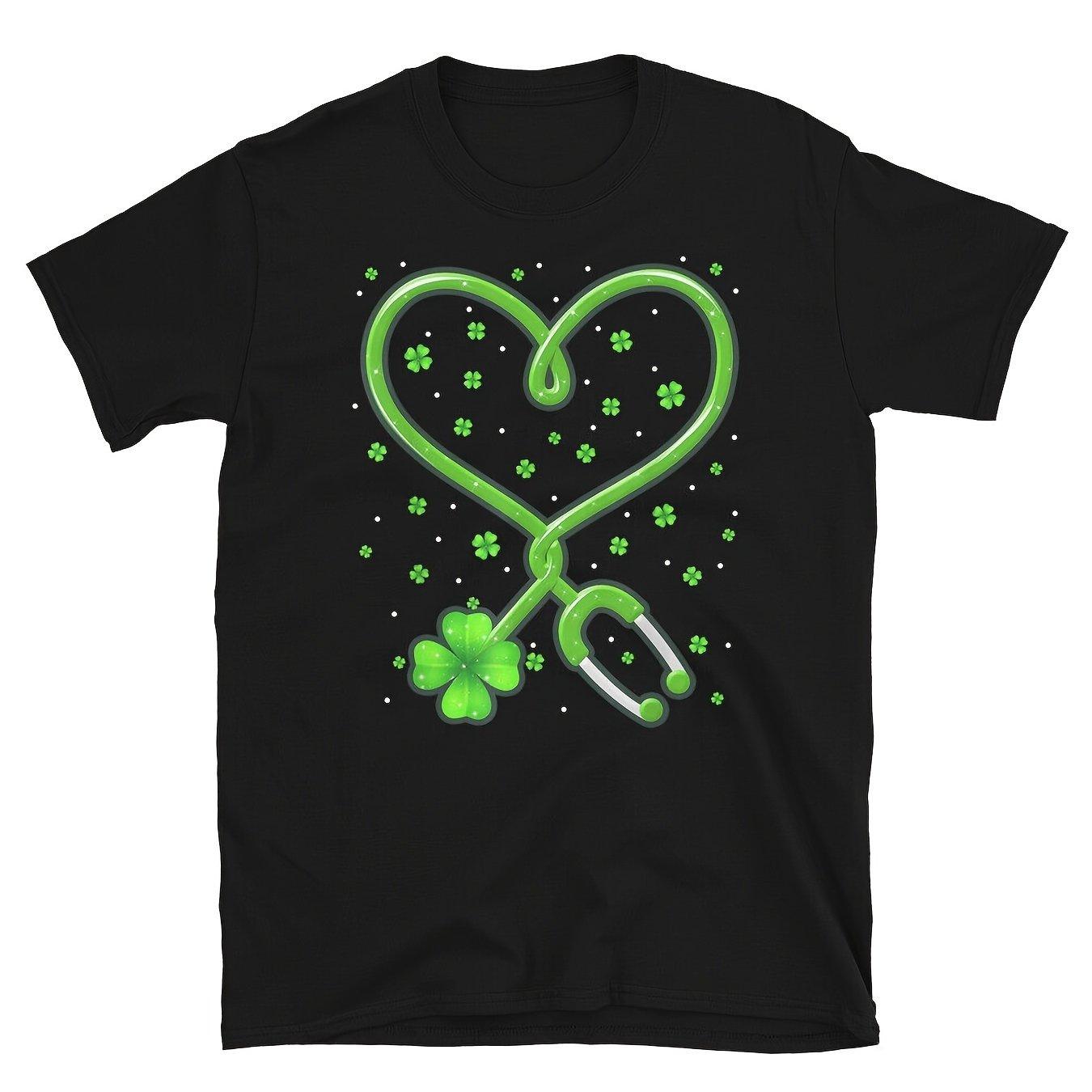St Patrick s Day Nurse Stethoscope Clover Graphic Tee Men s Casual Short Sleeve Cotton T-Shirt 4XL