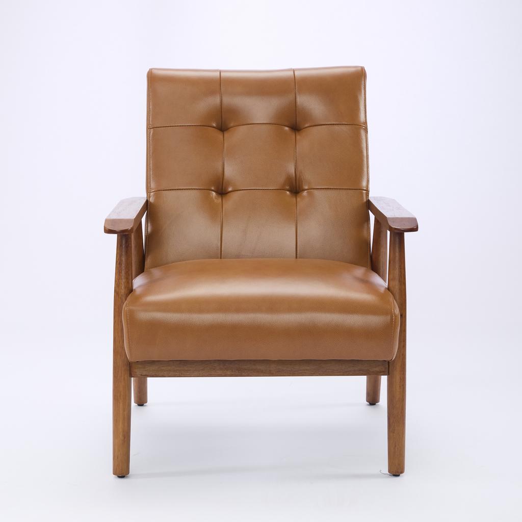 Genuine Leather Lounge Chair with Walnut-Colored Armrests & Rubberwood Legs – Comfortable Living Room Chair In Light Brown