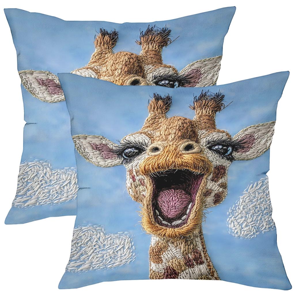 2D Flat Printing Cute Giraffe Pattern Blue Cushion Pillow Decor Polyester Pillowcase Sofa Decorative Cushion Cover