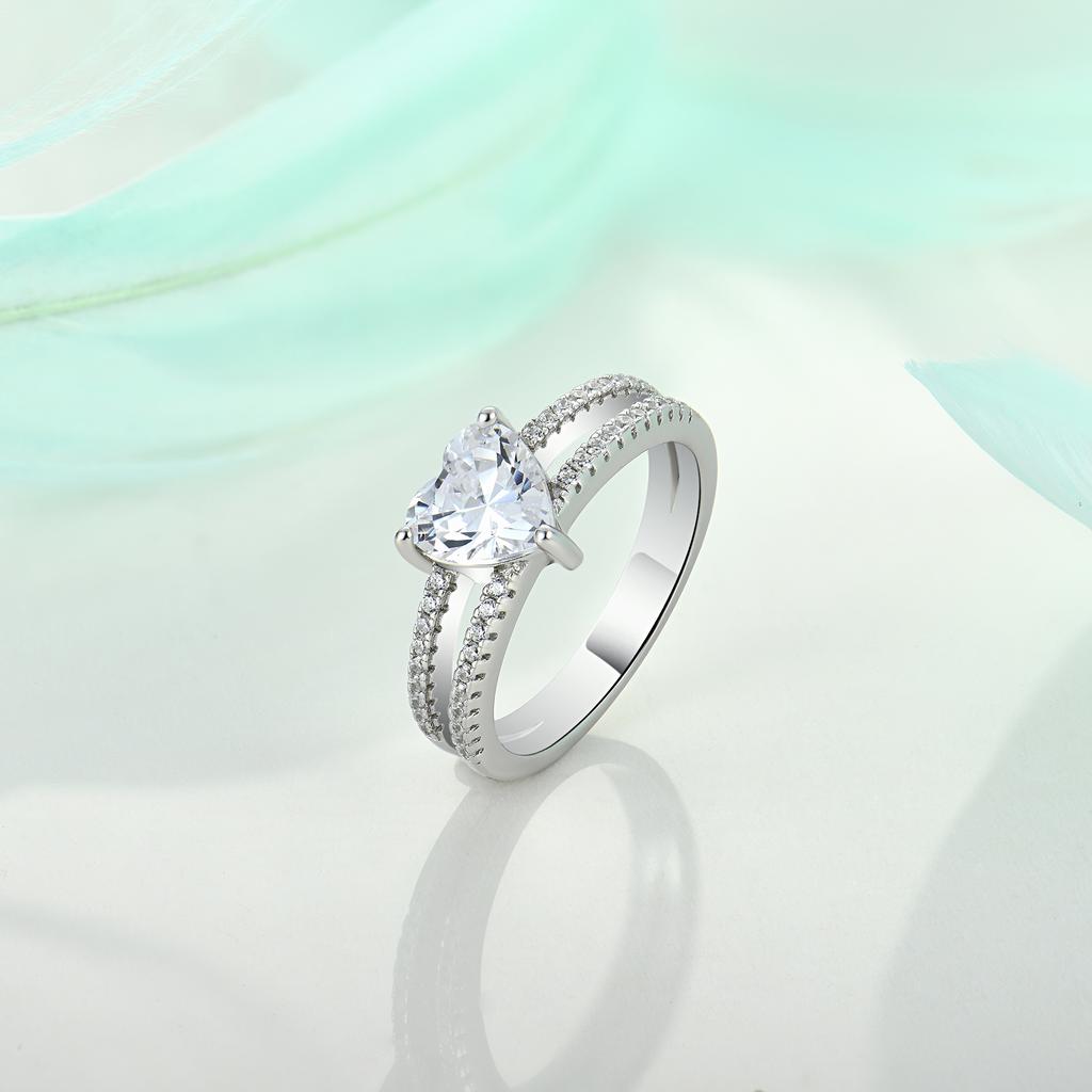 Double Band Heart CZ Ring 925 Silver 4 Prong Setting Paved Zircon Engagement Promise Wedding Ring for Ladies