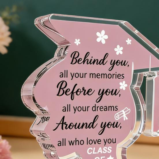Congrats Grad Gift Sign Pink Girl Head Shape Acrylic Plaque for Home Office Tabletop Shelf Decor Inspirational Gift for Graduate