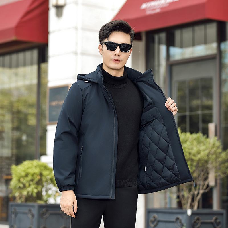 

Мужская хлопковая куртка с капюшоном 2025: Корейская мода, Повседневный стиль, Короткий стиль, Свободный, Теплое пальто L (110-129 lbs) синий/арлекин