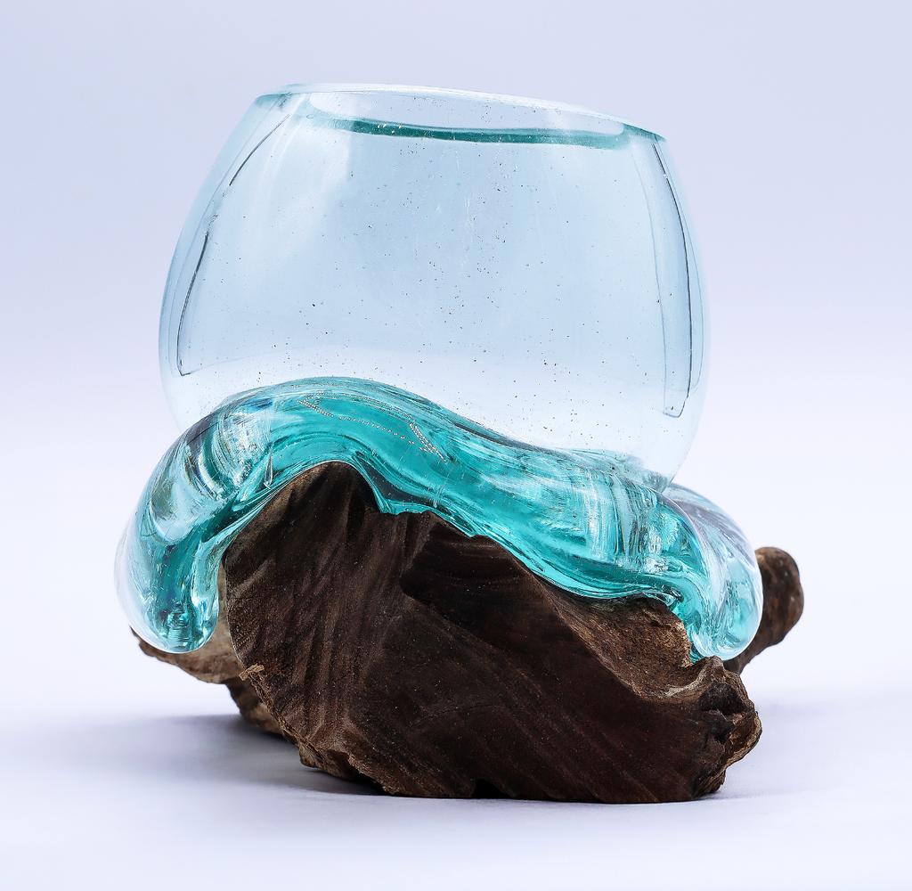 Molten Glass Mini Goldfish Bowl on Wood 20cm