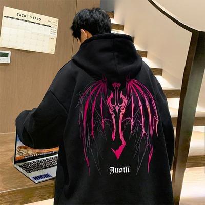 Mens Spring Sutumn  Light Magic Sword Devil Wings Printed Hoodie American Retro Casual Simple Trendy Sweatshirt for Men