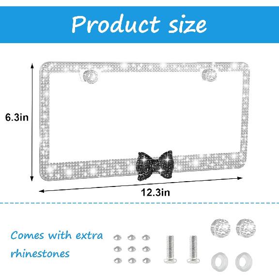 Bling License Plate Frame For Women - Sparkly Diamond Car Tag Cover With Rhinestone Crystals & Gift Bow, Stainless Steel Luxury Car Accessories For