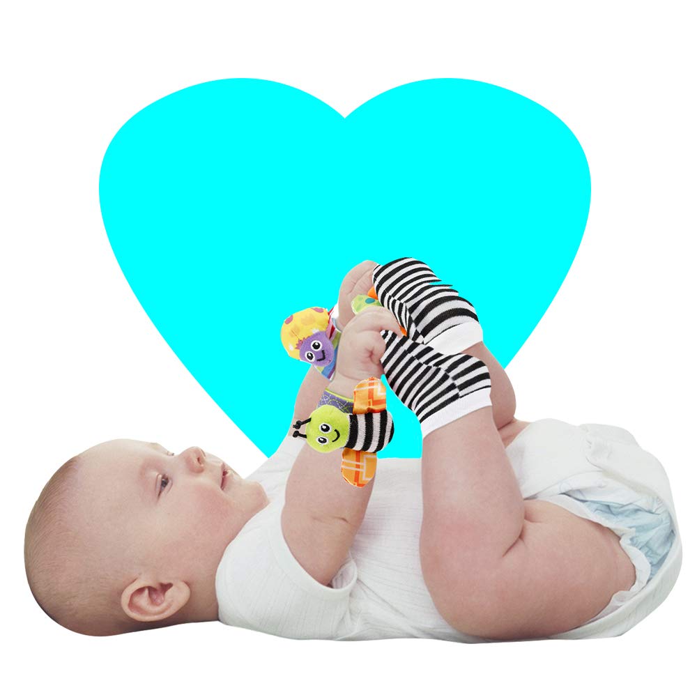 4pcs Cartoon 100% Cotton Soft Knitted Baby Wrist Rattle and Foot Finder Socks Musical Inflatable Toys for Boys 0-12 Months