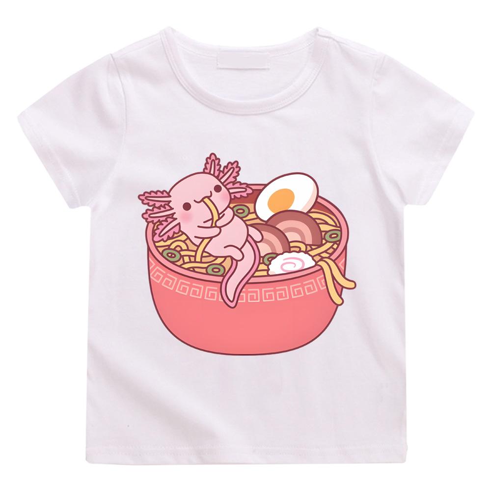 Cute Axolotl Eating Ramen Noodles in Bowl Funny T-shirts Cotton Short Sleeve Boys/Girls T Shirt Summer Round Neck T-shirt