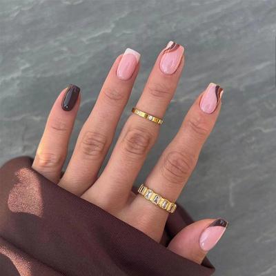 24Pcs/Set Quick Nails Short Simple French Wave False Nials Sticker Wearable Waterproof Manicure Finished Nails