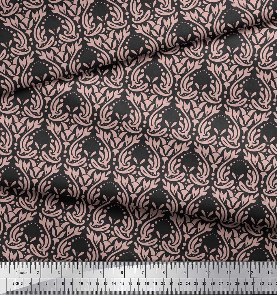 Soimoi Red Japan Crepe Satin Fabric Palmette Damask Decor Fabric Printed Metre 42 Inch