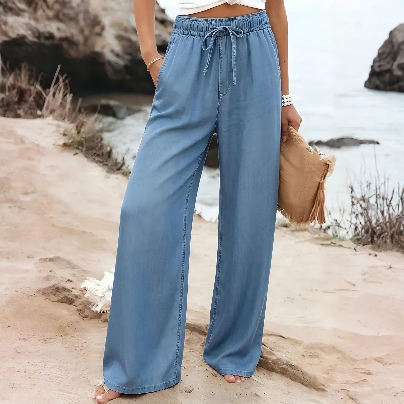 Women s Faux Denim Loose-fitting Casual Wide-leg Trousers L