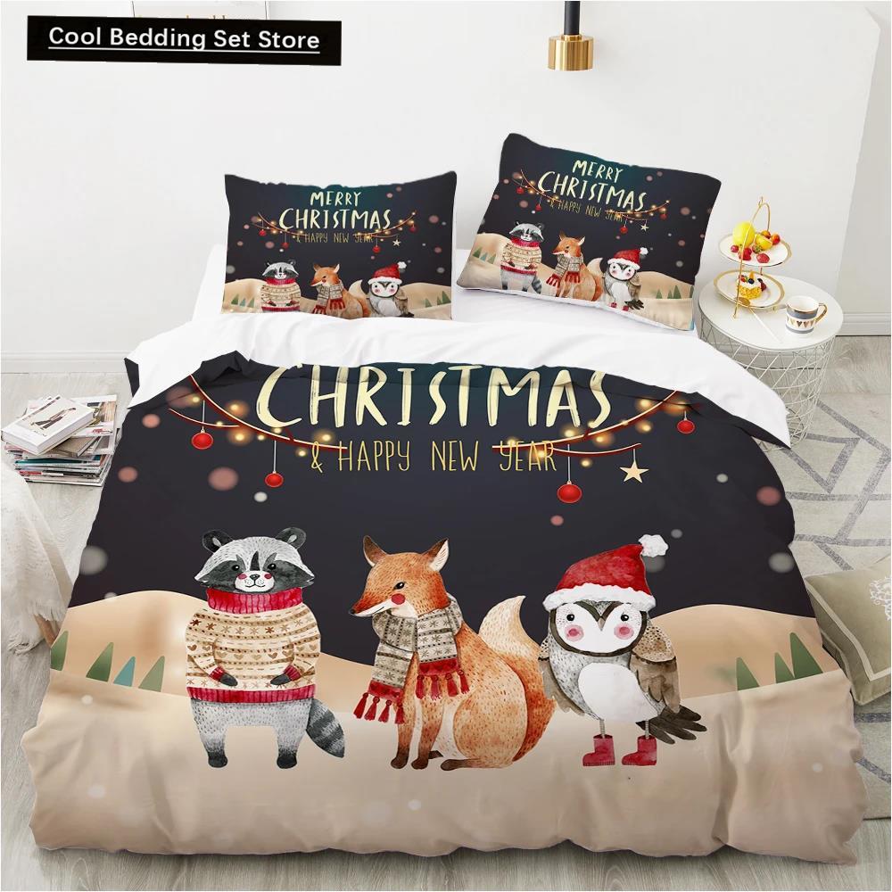 Merry Christmas King Queen Duvet Red Cartoon Santa Car Animals Bedding Set for Children Boy Girl Happy Holiday Theme Quilt Cover