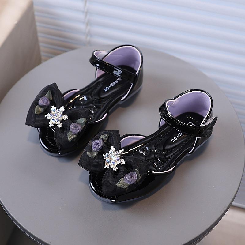Girls' Rose Ribbon Bow and Rhinestone-Decorated Patent Leather Soft-Sole Princess Shoes / Fish-Mouth Children's Princess Sandals