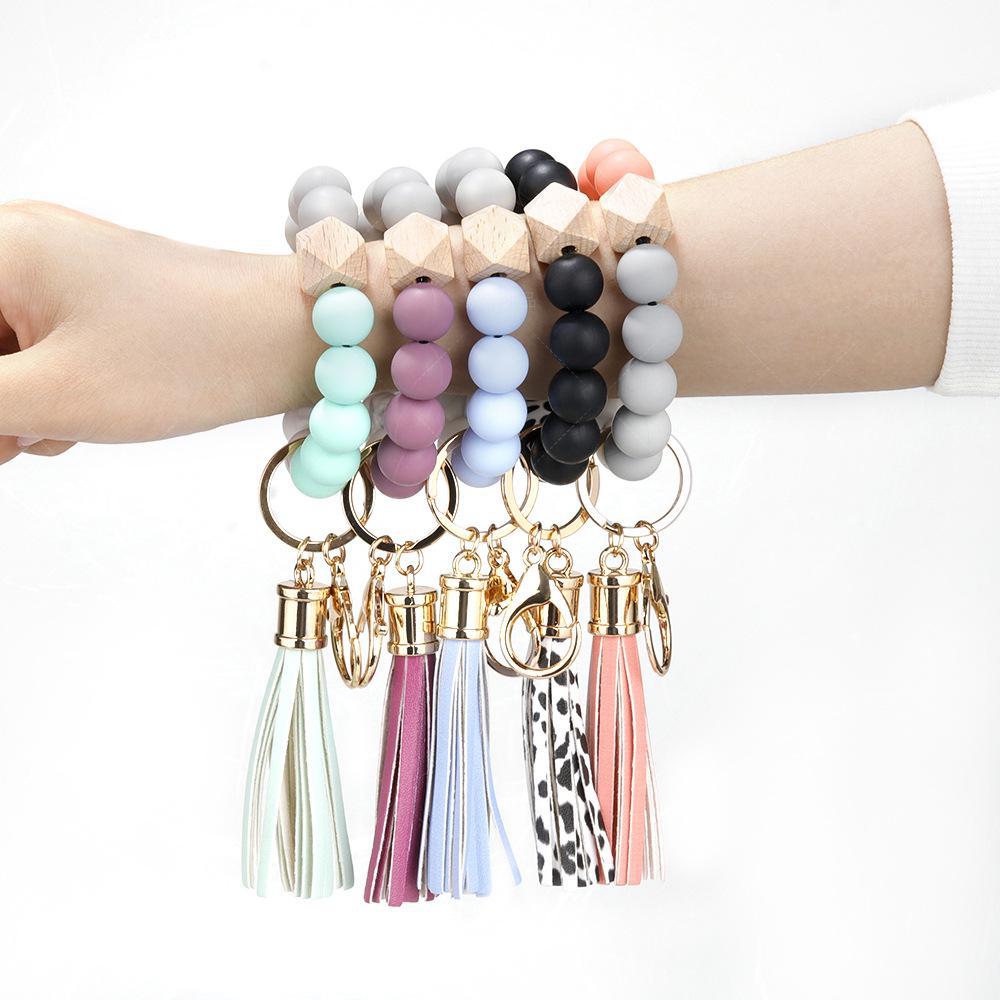 Elegant Silicone Bead Keychain Bracelet with Leather Tassel - Women's European and American Style