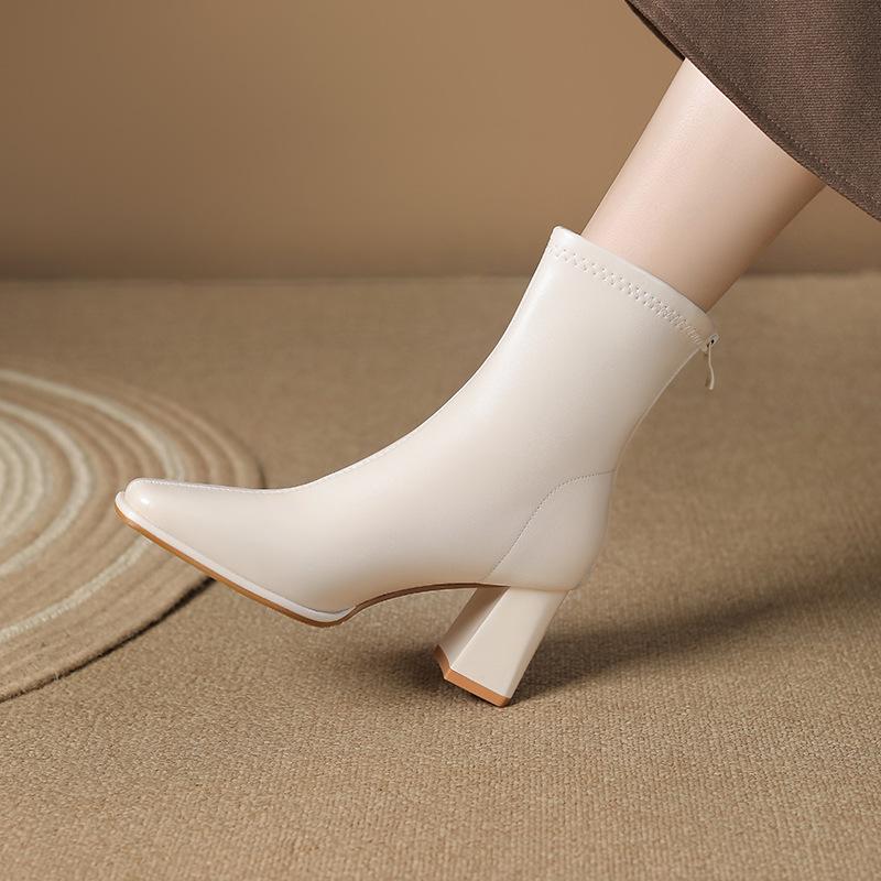 thick heel square head thin boots women's medium tube fashion simple temperament rear zipper autumn and winter new French soft leather Martin boots