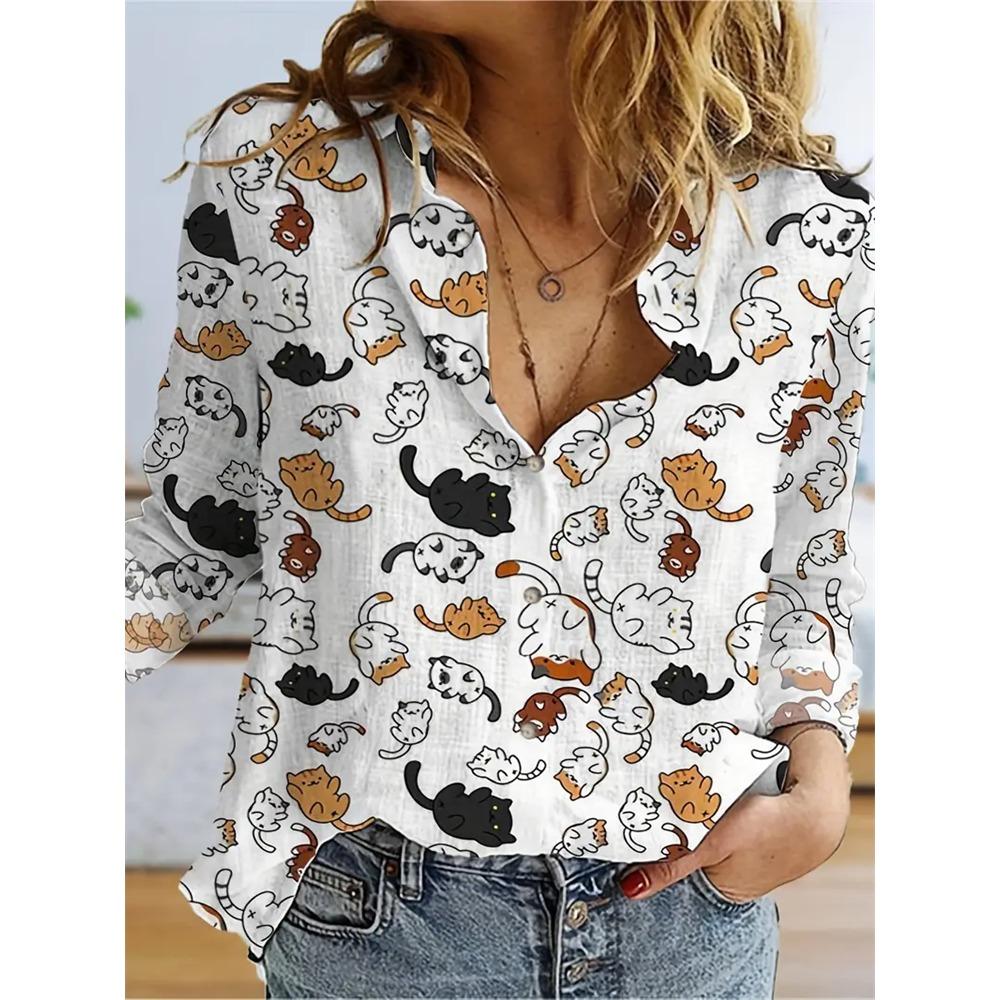 Fashion Flower Cute Cat Pattern 3D Print Women's Long Sleeves Shirt Autumn Animal Women's Holiday Shirt Women's Clothing
