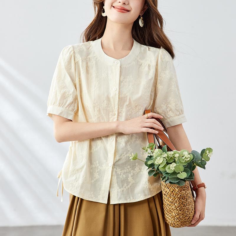 

Абрикосовая вышитая рубашка для женщин, летняя одежда с короткими рукавами, новый топ с круглым вырезом, легкая хлопковая рубашка XXL