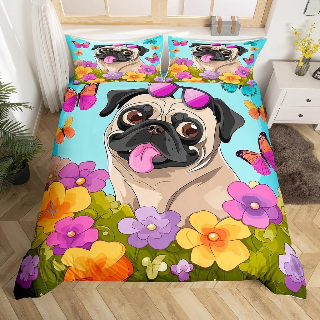 Pet Dog Duvet Cover for Kids Teen Boys Lovely Animal Theme Bedding Set Full Cute Pug Dog Print Comforter Cover with 2 Pillowcase