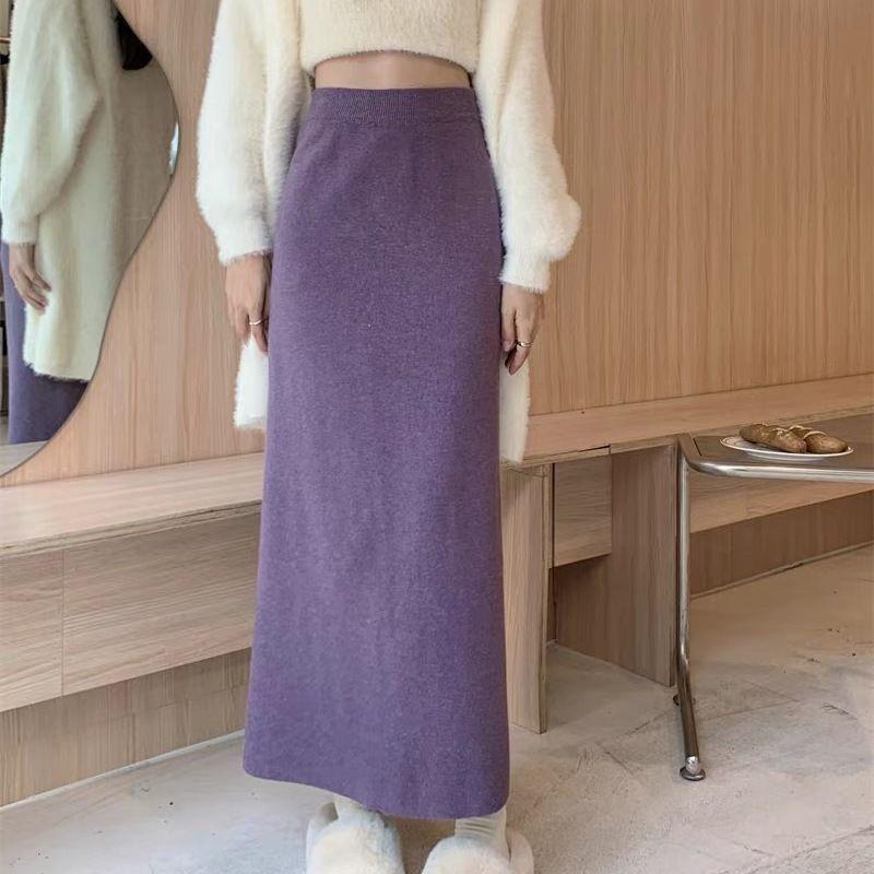 Bodycon A-Line Women's Black Knitted Maxi Skirt Autumn Winter High Waist Slim-Fitting Ankle-Length Straight Skirt