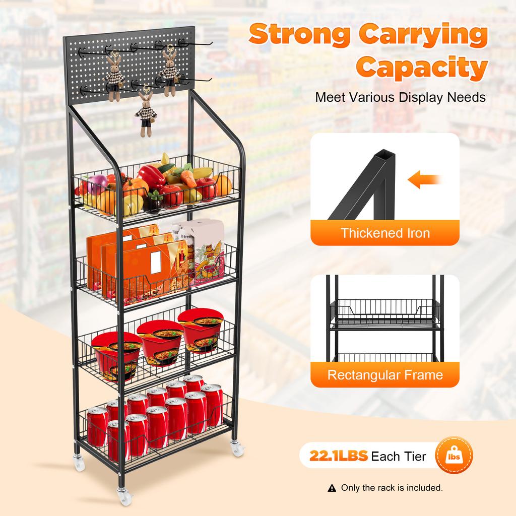 Snack Candy Display Organizer,4 Tier Retail Display Rack Stand, Snack Rack, Basket Stand Cart