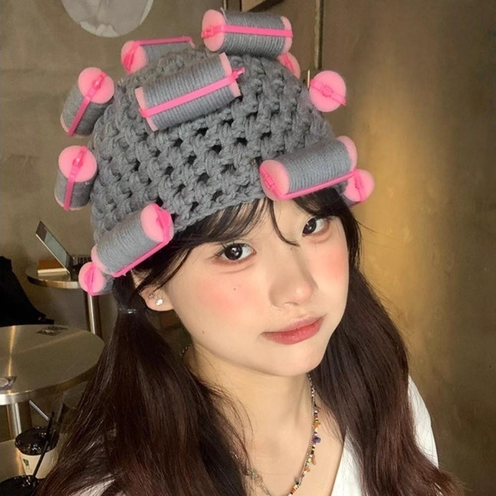 Thick Hair Curler Knitted Hat Warm Curly Hair Yarn Beanie Creative Pullover Cap  Outdoor