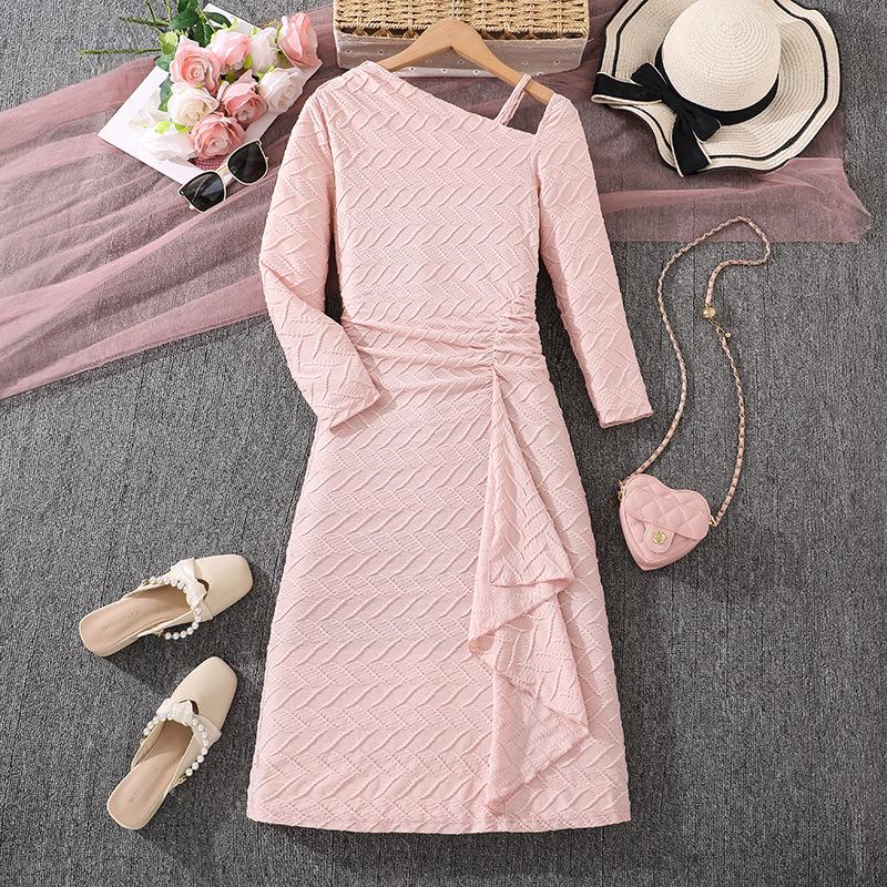 European & American Style Off-Shoulder Long Sleeve Sashed Girls Dress - Autumn/Winter High-End French Textured Slim Fit. 150cm = 10Y розовый