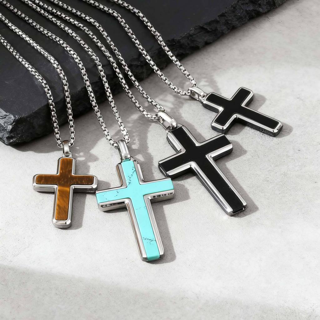 Stainless Steel Men'S Necklace Cross Turquoise Natural Tiger Eye Sweater Chain Pendant Pn-2224