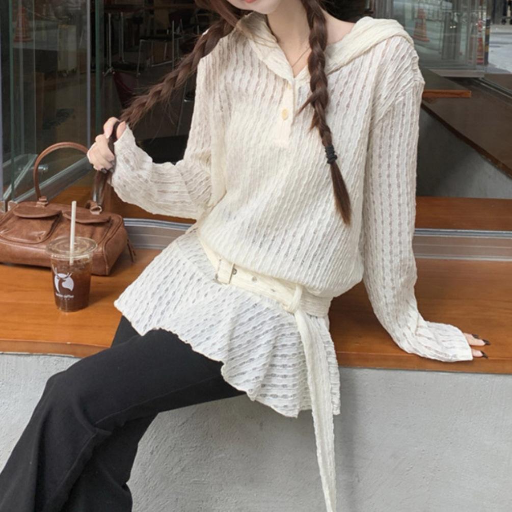 Koreanischer Stil Hohlspitzen-Rüschen-Langarmkleid für Damen, neues Frühjahrs- und Herbst-Nischen-Halbdurchsichtiges Design Kapuzenpullover-Kleid