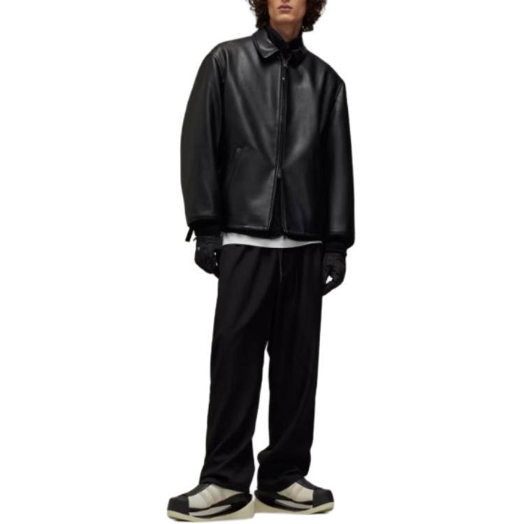 Adidas Solid Color Zip Collar Long Sleeve Leather Jacket Men Jackets Black JD9795