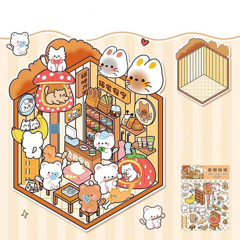 Cartoon Food Street Landscape Sticker Cabin Scene DIY Toy Game Sticker Festival Birthday Gift for Kids Girls and Children
