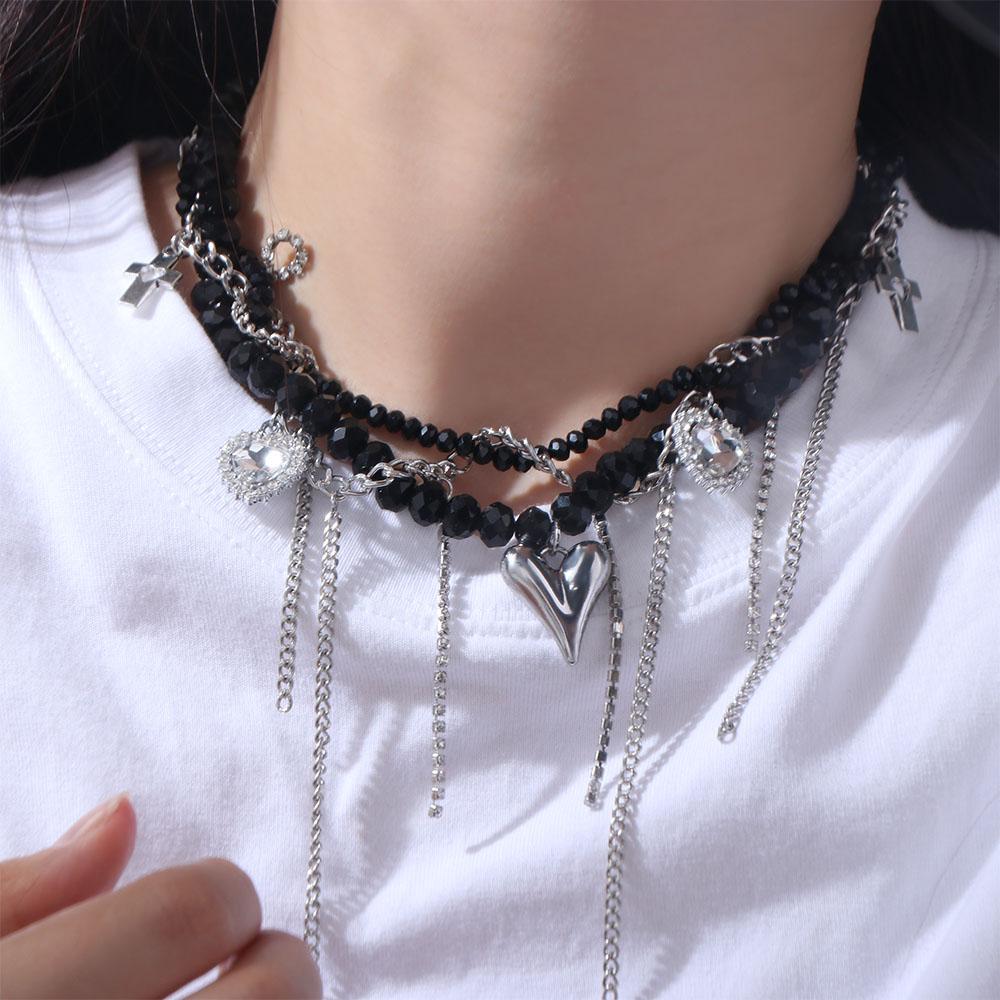 Punk Heart Pendant Necklace Transparent Y2K Crystal Necklace Fashion Beaded Rhinestone Choker  Gift