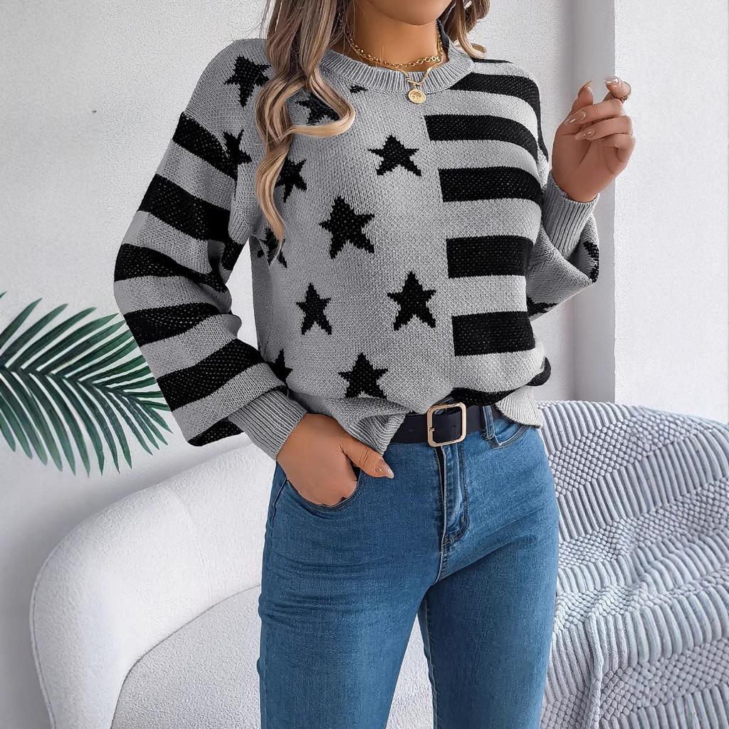 Autumn and Winter Casual Starry Striped Lantern Long-sleeved Pullover Sweater Women's Clothing